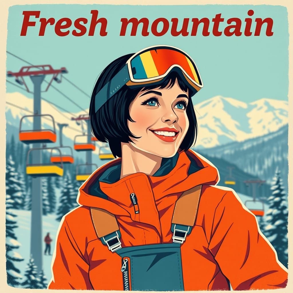 Retro Ski Poster of Smiling Woman with Ski Lifts