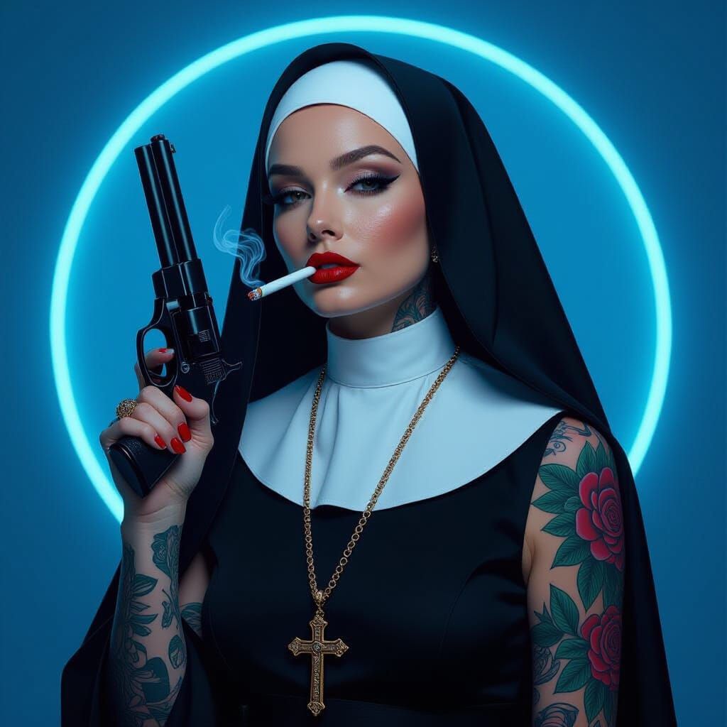 A photorealistic image of a woman dressed as a tattooed nun,...