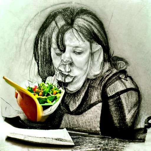Pencil Sketch of a Woman Enjoying Salad