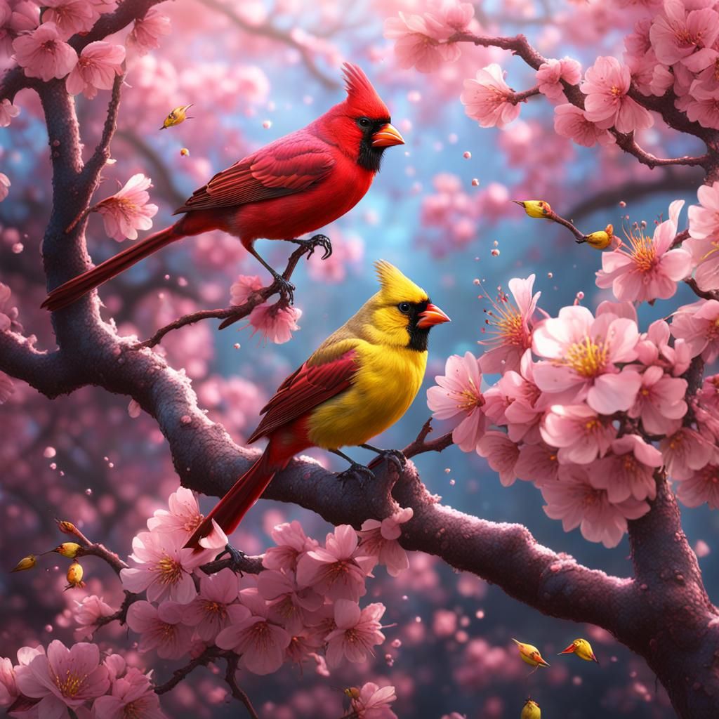 Pink and Yellow Cardinals in Cherry Blossoms