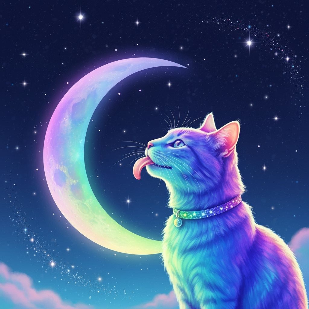Rainbow Cat Licking Iridescent Moon in Starry Sky