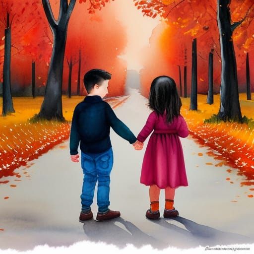 Autumn Night: Children in Watercolor Style