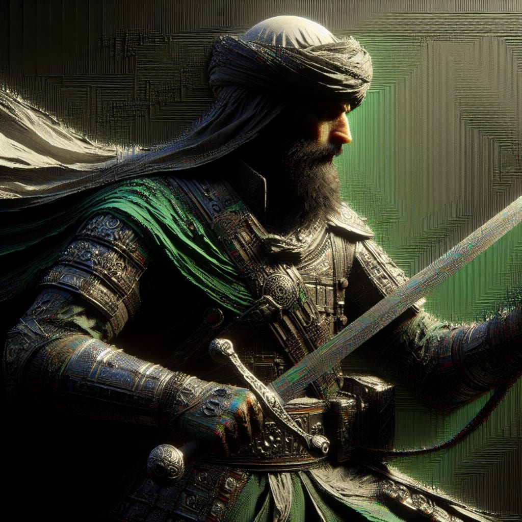Islamic Warrior with Sword, Hyperdetailed Oil Painting