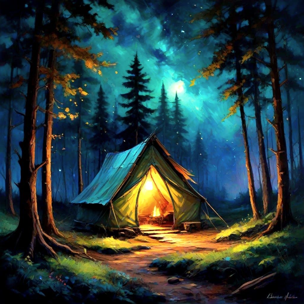 Glowing Tent in Cosmic Forest: Impasto Oil Painting