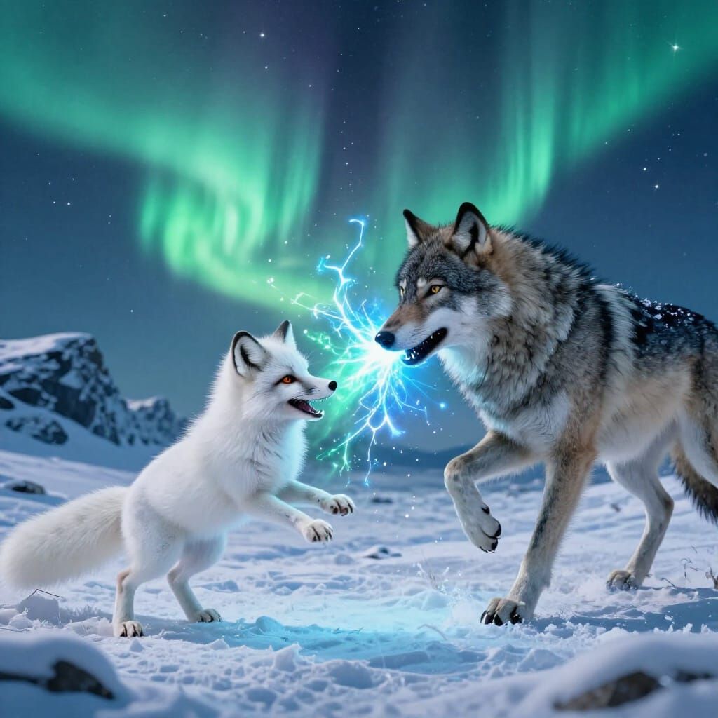 Arctic Fox and Wolf Duel with Magical Spells