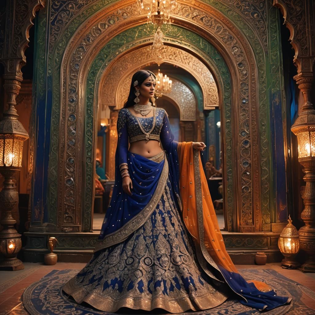 Girl in Ornate Lehenga with Mirror, Matte Painting