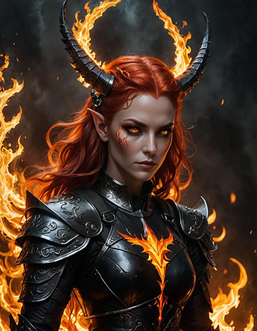 Aasimar-Tiefling Hybrid Woman with Flaming Halo