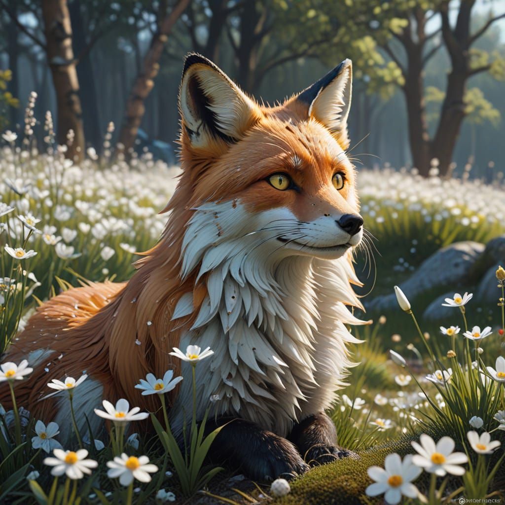 Surreal Anime Fox in a Snowdrop Garden