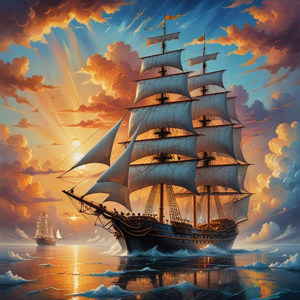Dreamlike Cloud Ship Sails at Sunset: Oil Painting