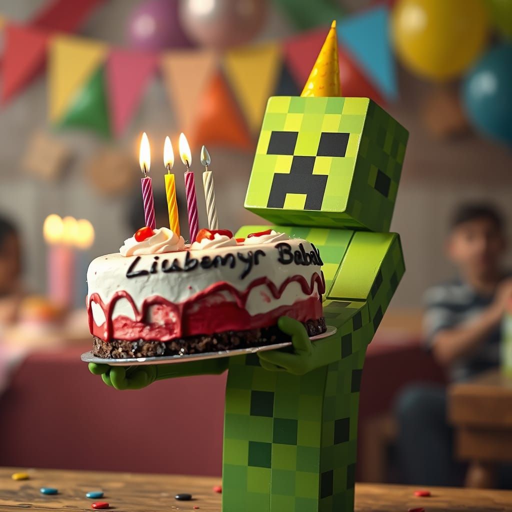 Minecraft Creeper Celebrates Birthday with Blurred Party