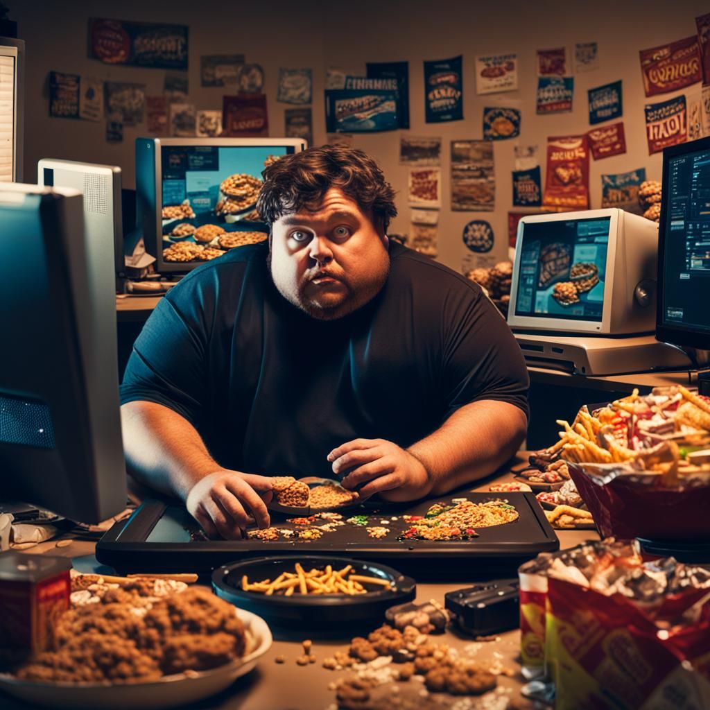 Realistic Man at Computer with Junk Food