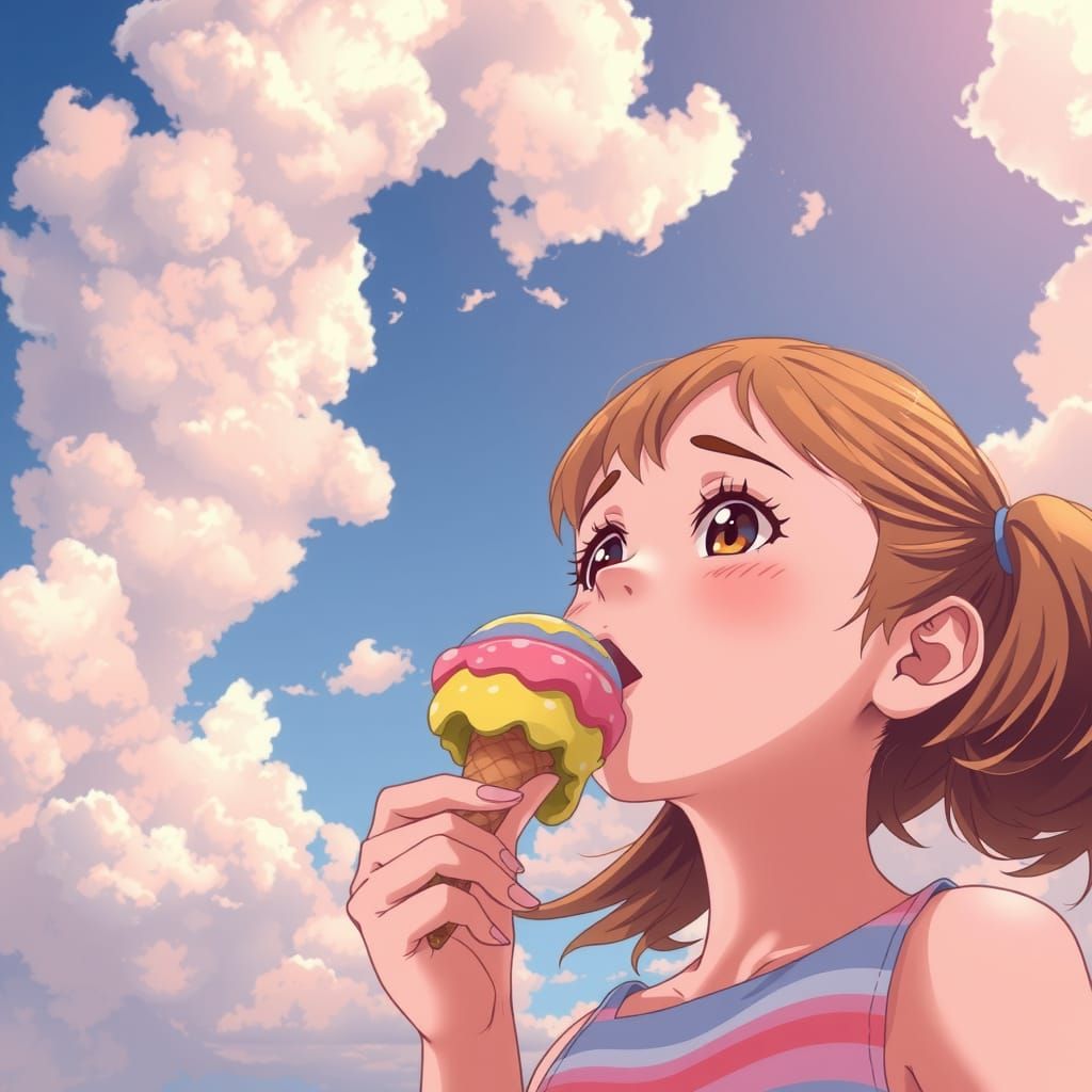 Girl Licking Ice Cream Under Summer Sky in Anime Style