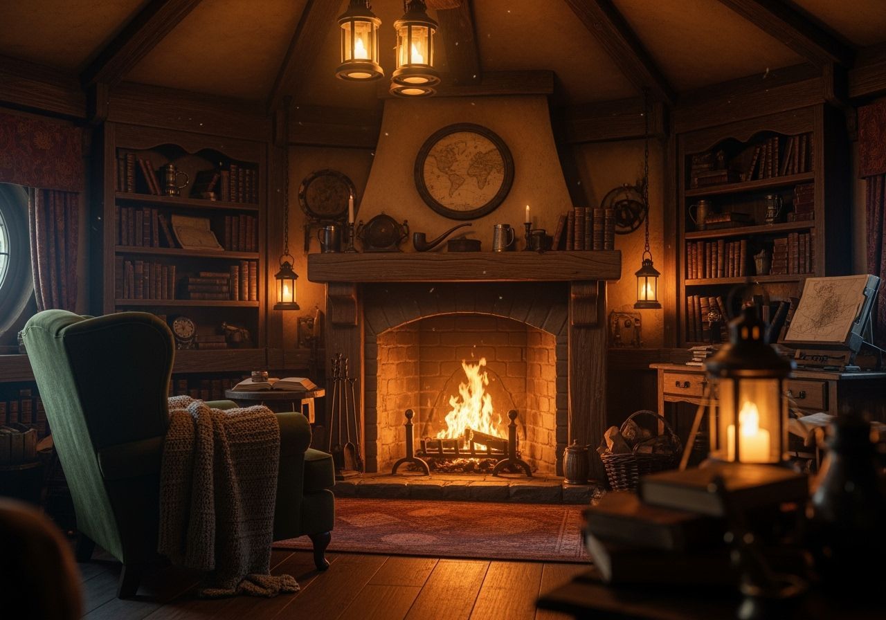 Cozy Hobbit Hole Interior with Fireplace