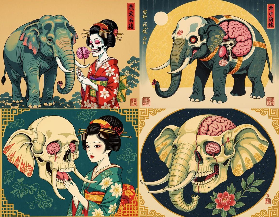 Brutal 1950s Japan: Geisha Skull in Asian Art Deco