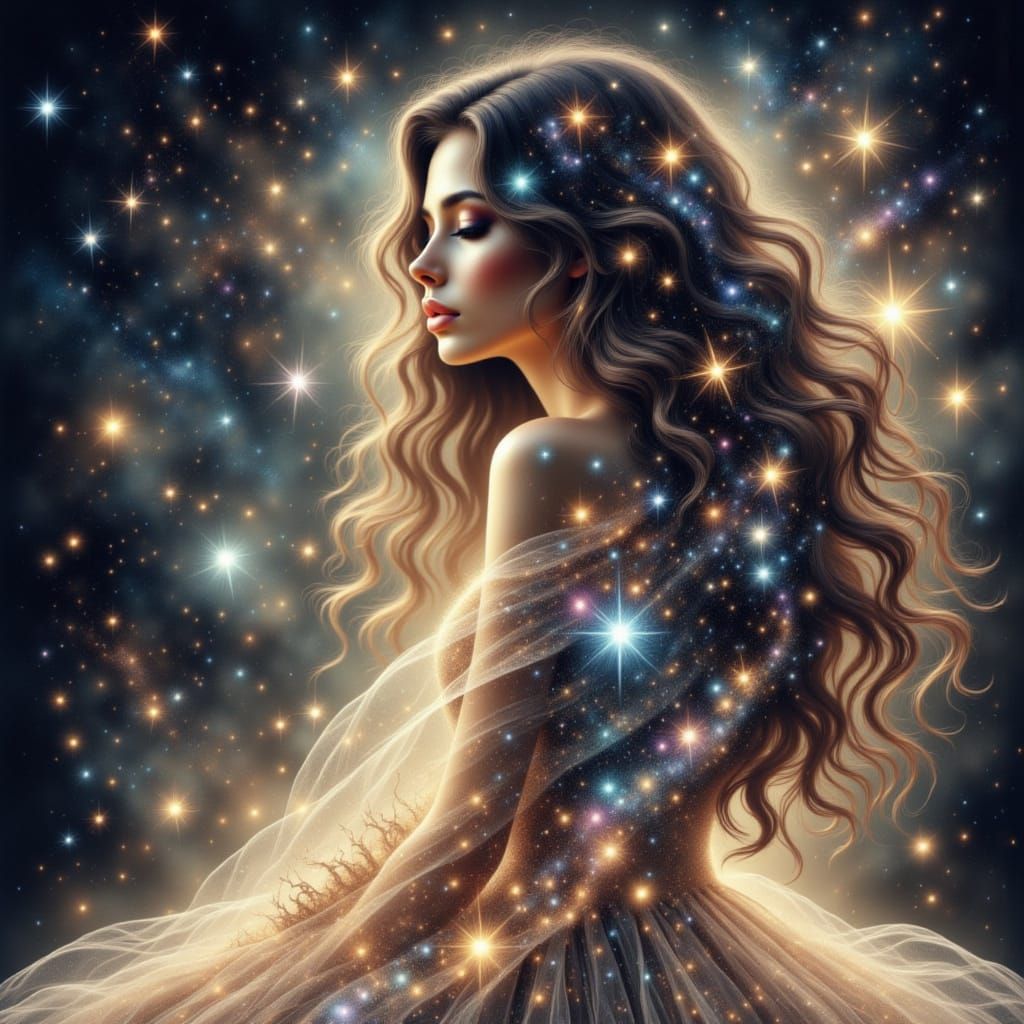 Surreal Double Exposure Portrait of Woman with Cosmic Hair