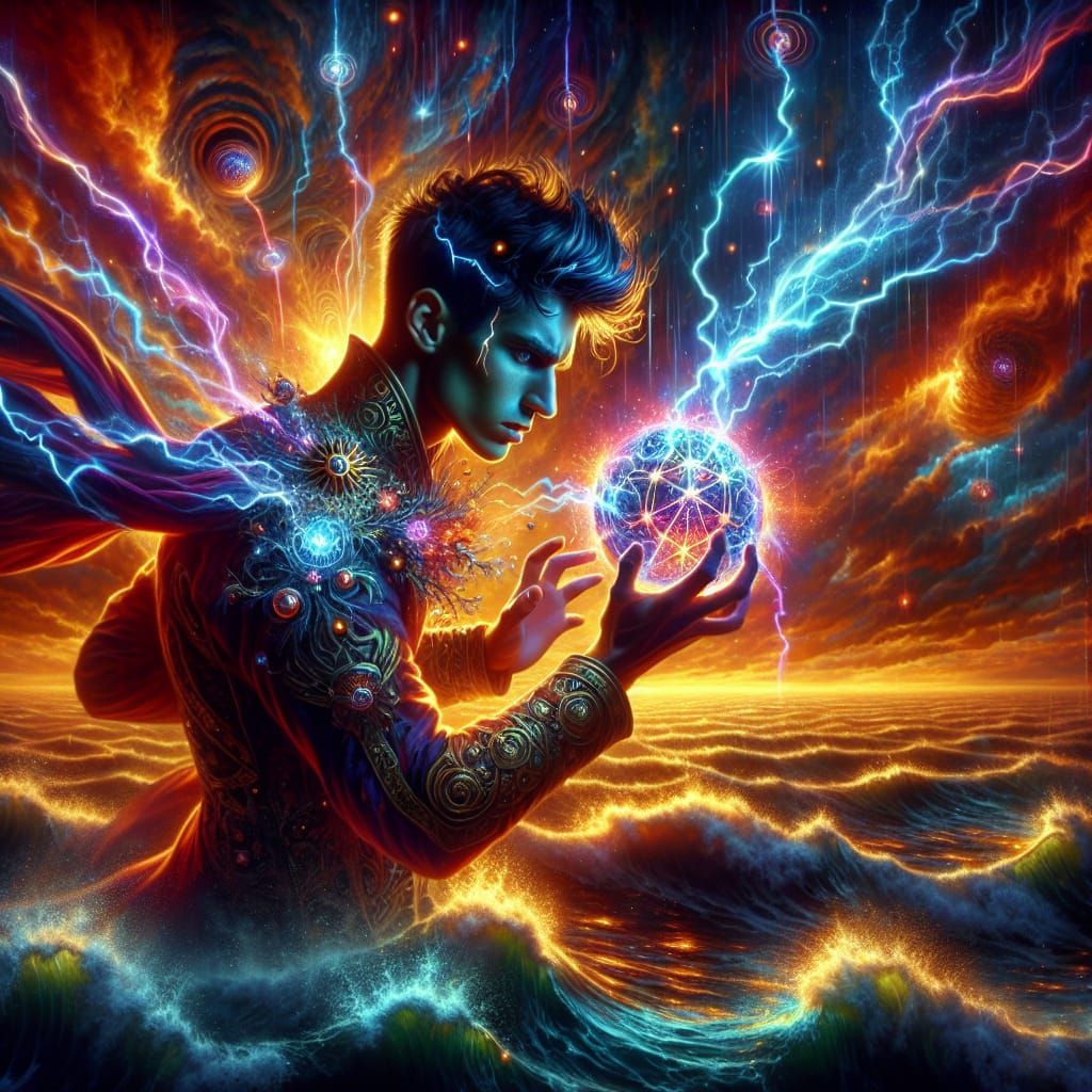 Young Adult Wizard Conjures Orb Above Ocean