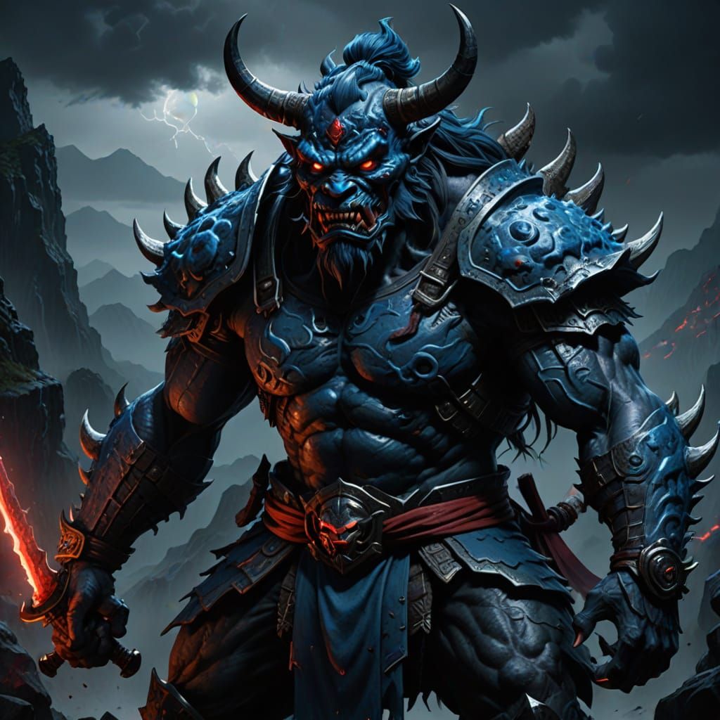 Blue Oni Warrior: Hyperrealistic Dark Fantasy Art