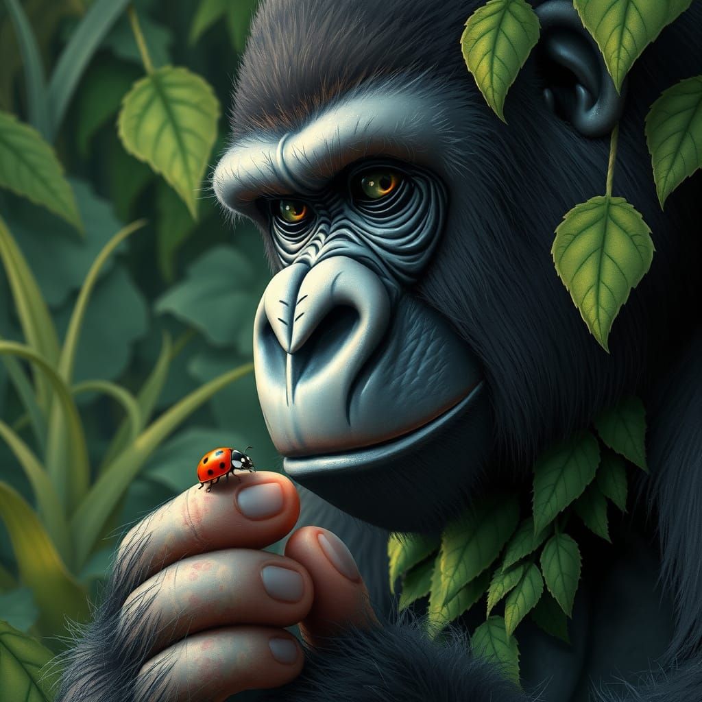 Giant Gorilla Amazed by Tiny Ladybug, Whimsical Art Style