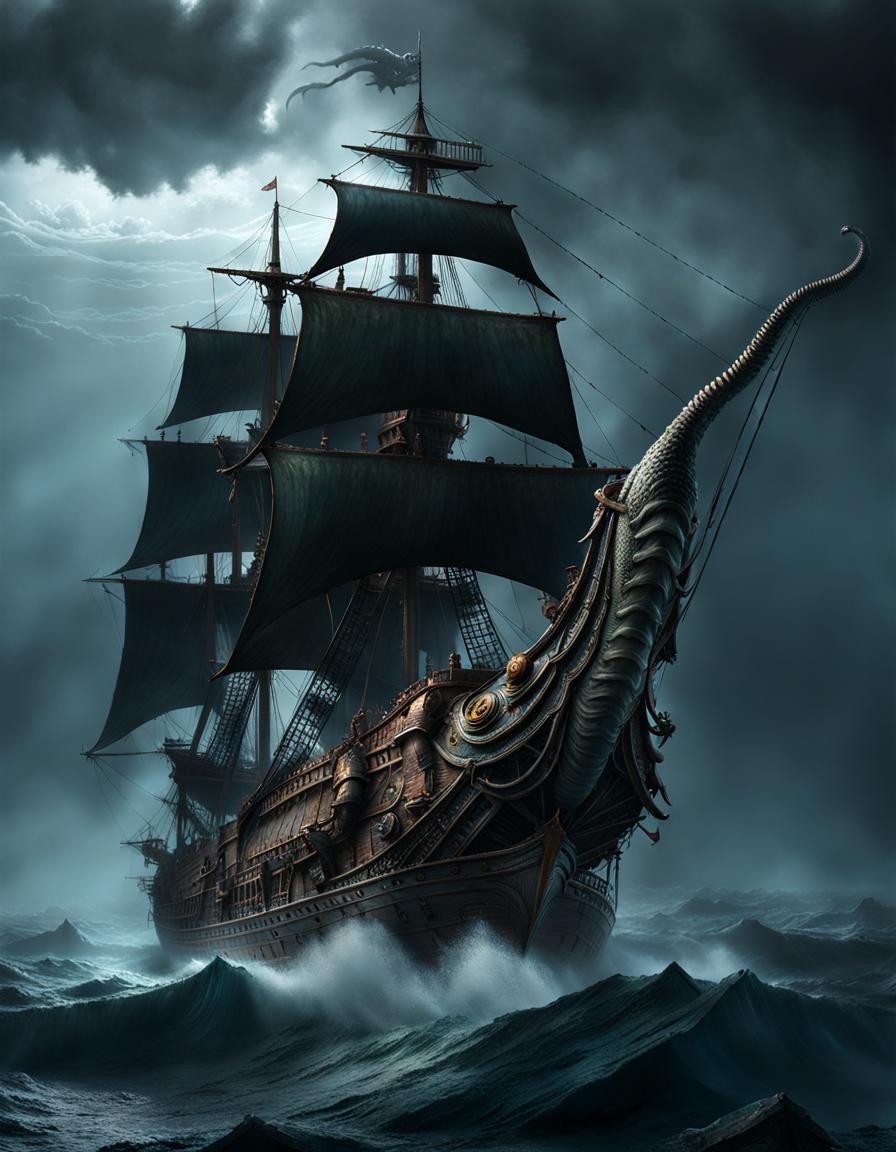 Nightmarish Leviathan in Stormy Seas: Digital Art