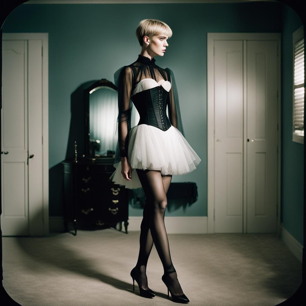 Boy in Corset and Heels: Cinematic Film Still