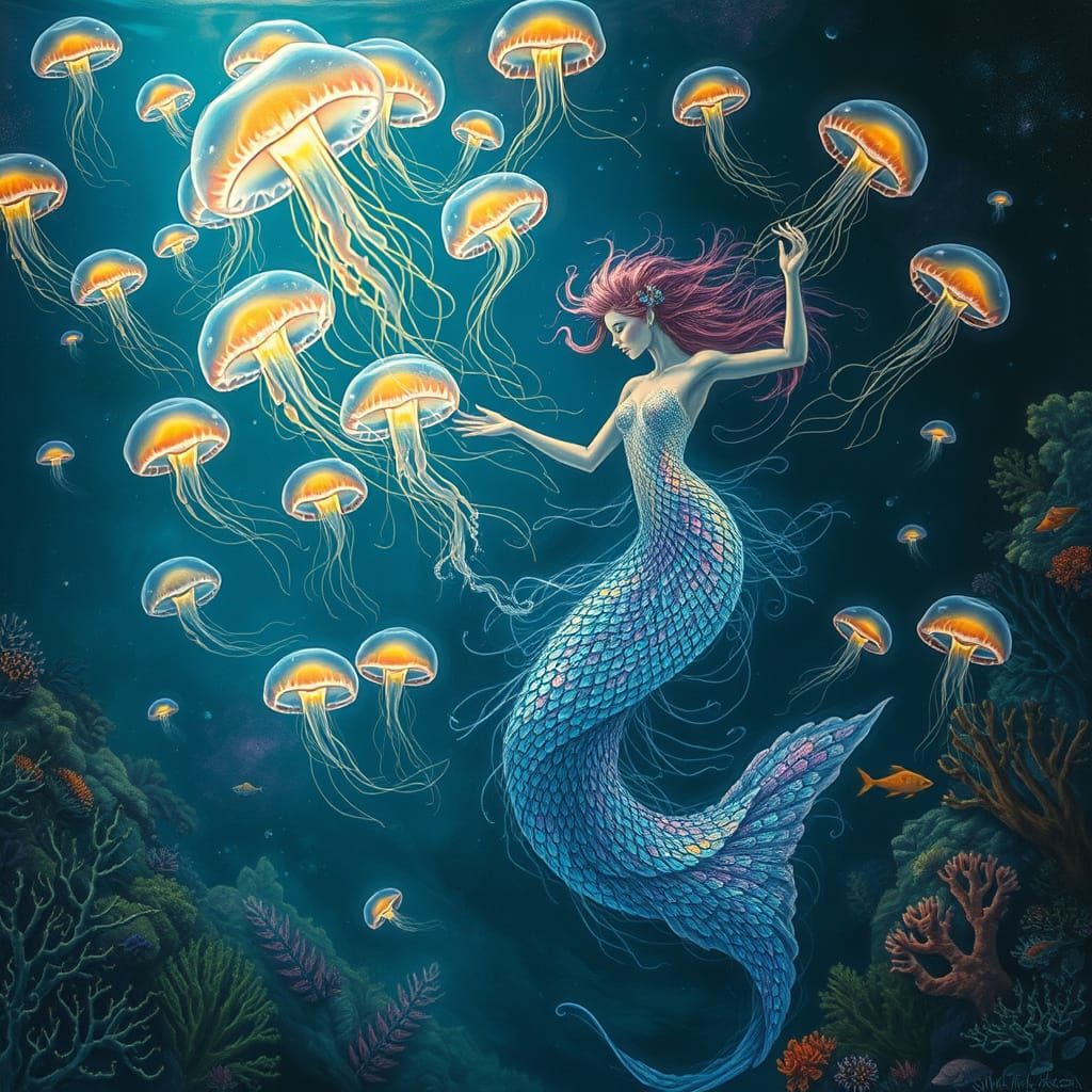 Bioluminescent Mermaid and Jellyfish in Dreamlike Underwater...
