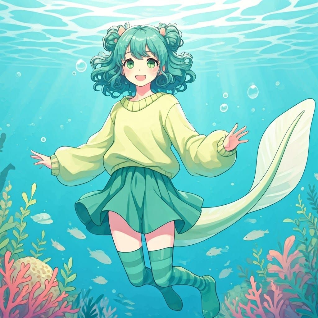 Whimsical Underwater Girl with Axolotl Tail in Pastel Hues