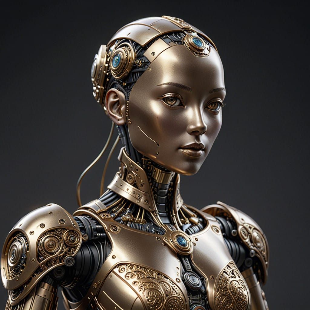 Bronze Robot Maiden in Gilded Embossed Armor