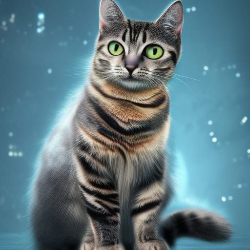 The most adorable tabby cat ever with Silver fur and black stripes& ethereal Silver& blue background that shimmers