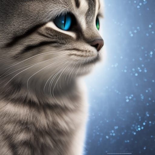 The most adorable tabby cat ever with Silver fur and black stripes& ethereal Silver& blue background that shimmers