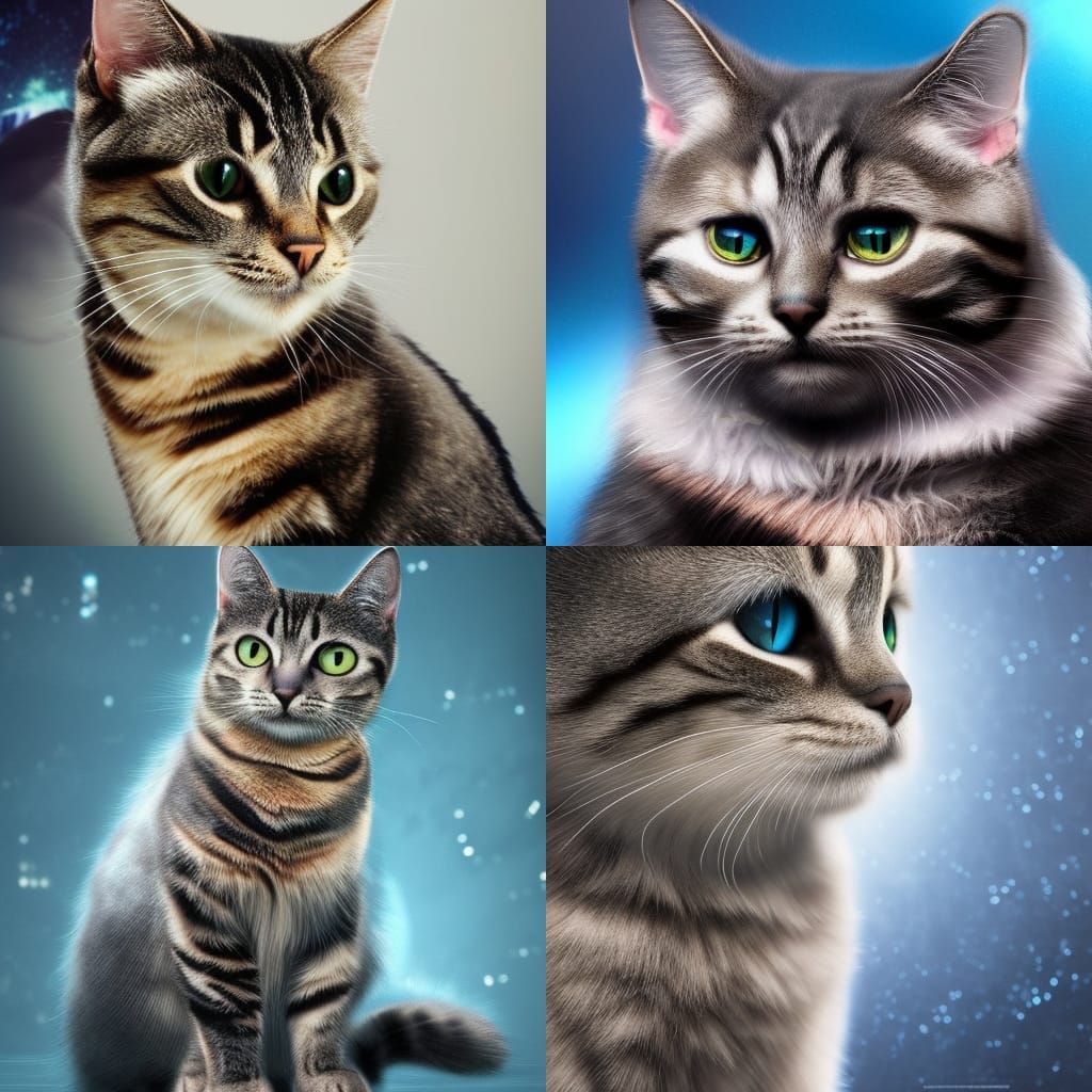 The most adorable tabby cat ever with Silver fur and black stripes& ethereal Silver& blue background that shimmers