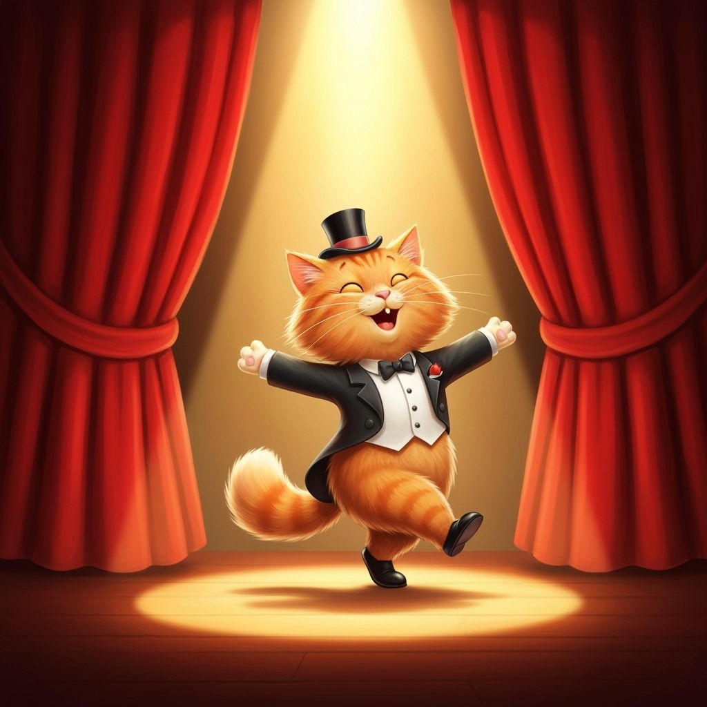 Ginger Cat Waltzes in Top Hat Under Spotlight