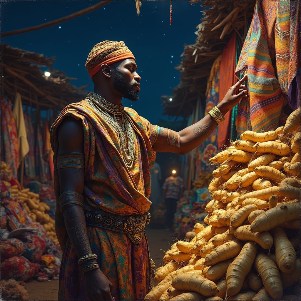 Trader in Vibrant Night Market, Surrounded by Golden Yams an...