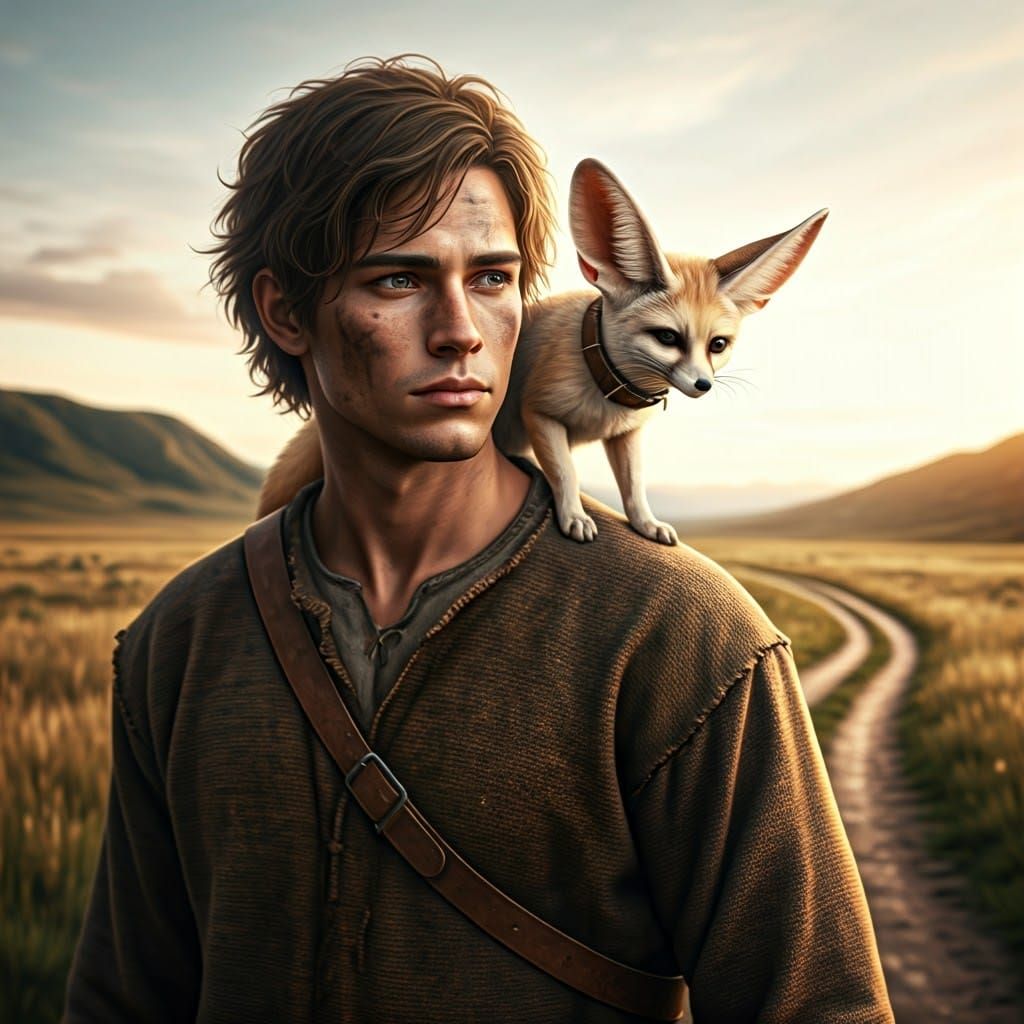 Man and Fox in Golden Field, Photorealistic Style