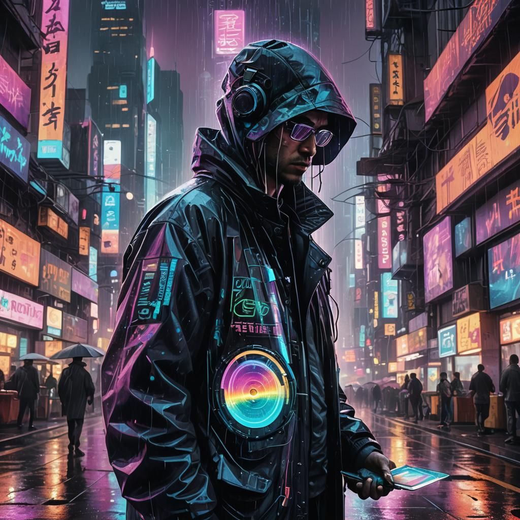 Neon Cityscape Vendor with Iridescent Vinyl Record