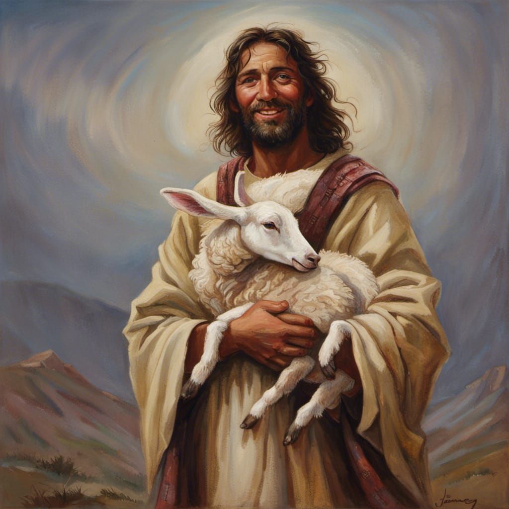Jesus the Shepherd with Lamb, Oil Painting