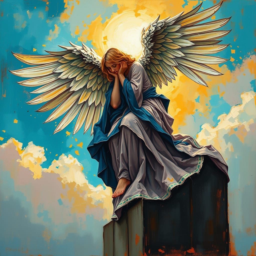 Angel on Building with Expressionist Golden Hour Lighting