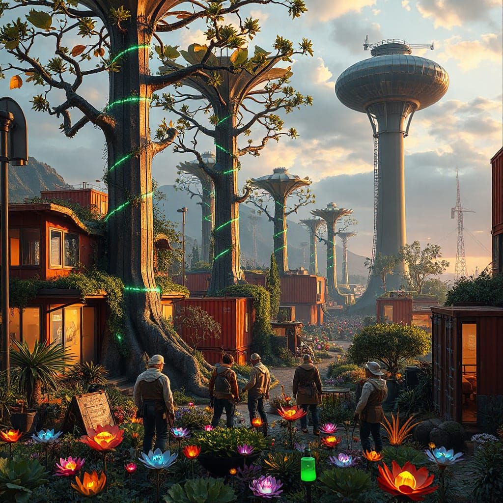 Define the SolarPunk aesthetic as a settlement, explain with notes in great detail at the bottom of the prompt the diff...