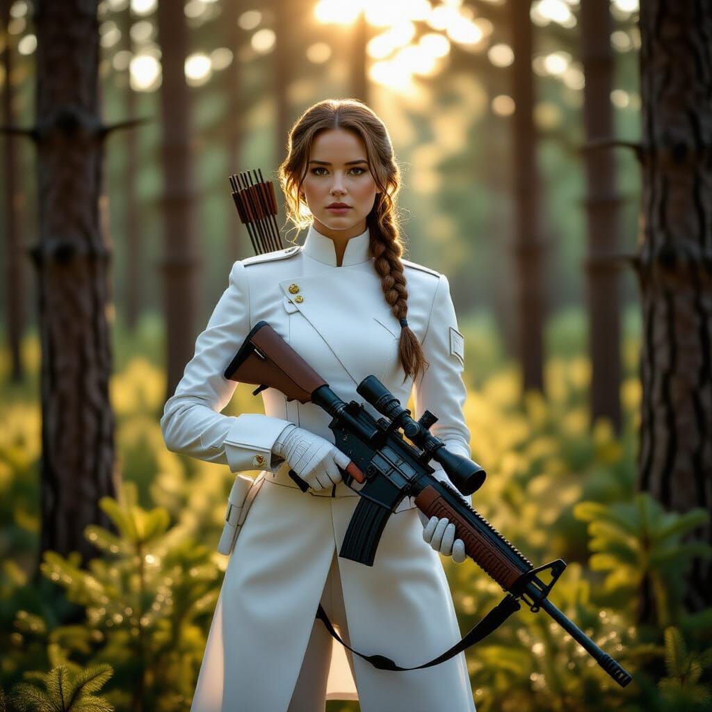 Katniss Everdeen in Pristine Uniform in Pine Forest