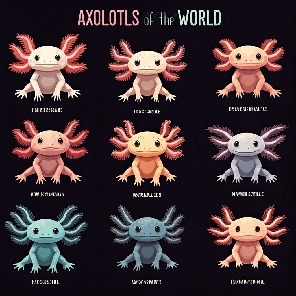 Whimsical Axolotl Illustrations in Vibrant Cartoon Styles
