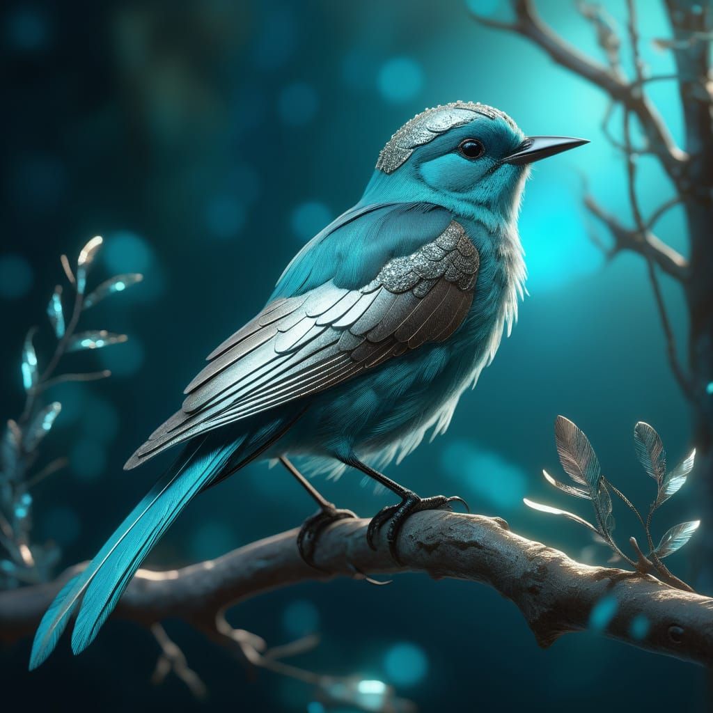 Ethereal Turquoise Bird with Silver Feathers in Fantasy Art