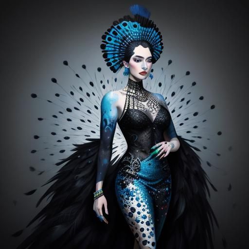 Woman with Peacock Feathers in Graffiti Art Style