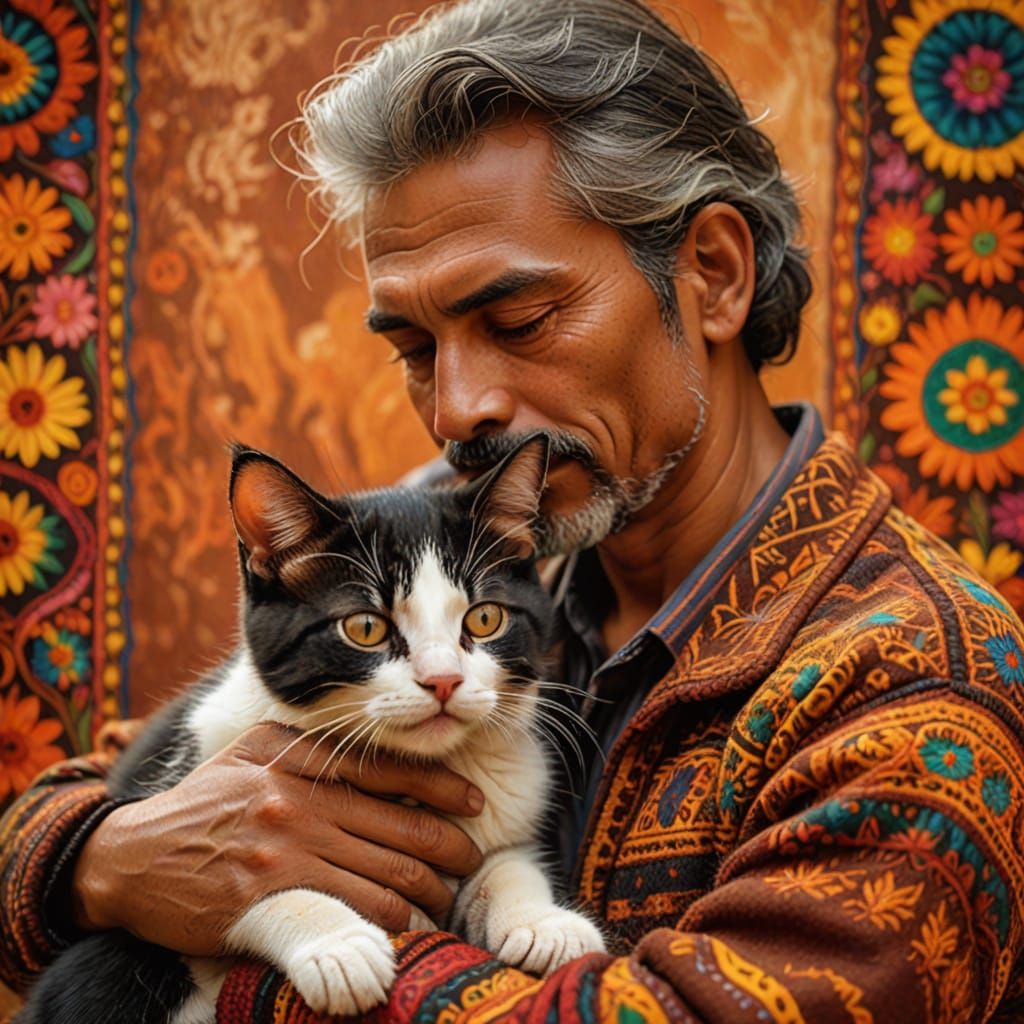 Man Cuddles Kitten in Vibrant Folk Art Style