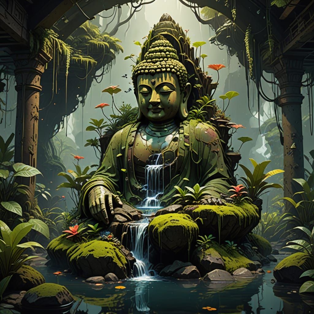 Surreal, Detailed Terrarium Scene with Lush Greenery and Maj...