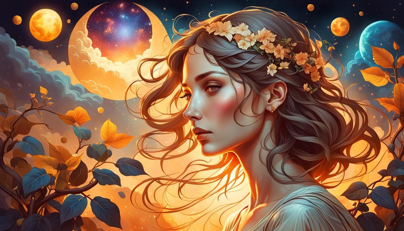 Celestial Woman Portrait in Rutkowski Style Splash Art