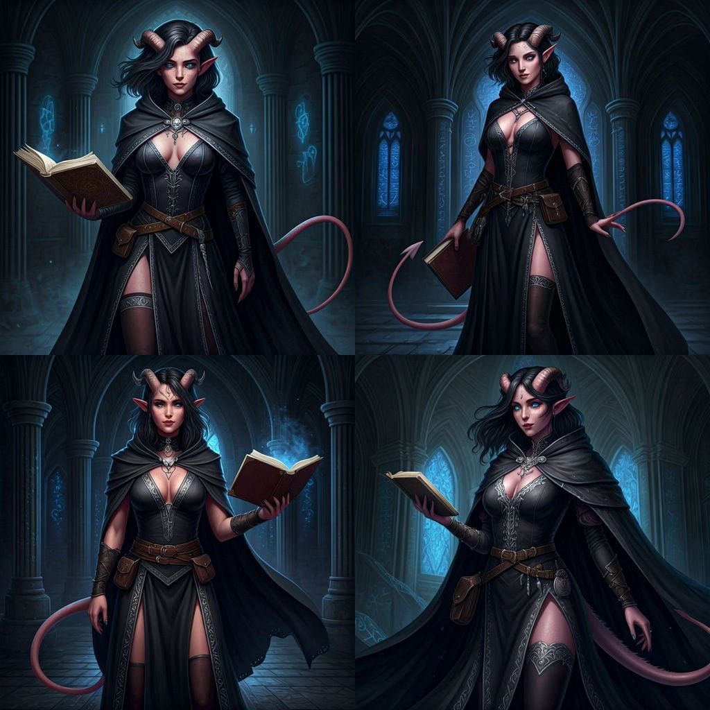 Tiefling Witch Girl with Black Hair and Blue Eyes