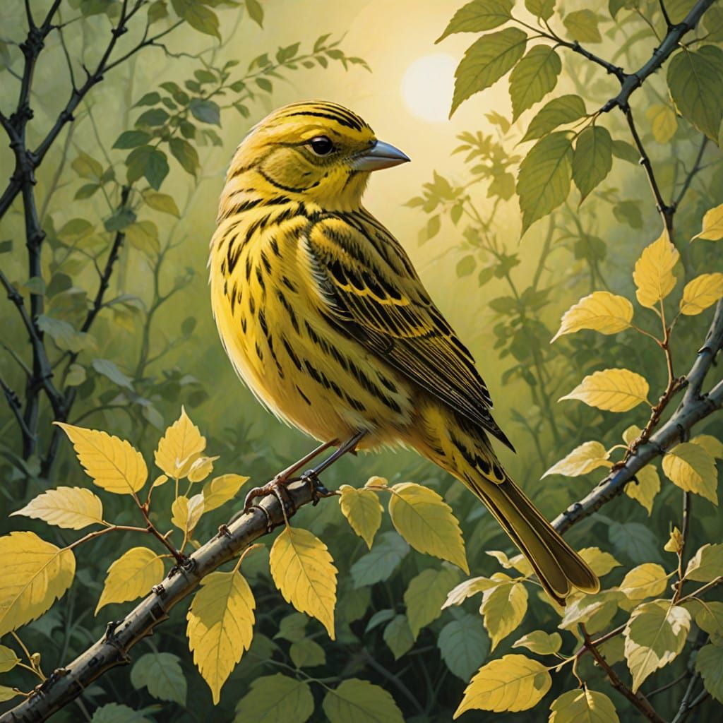 Surreal Yellowhammer Perched in Enchanted Bush