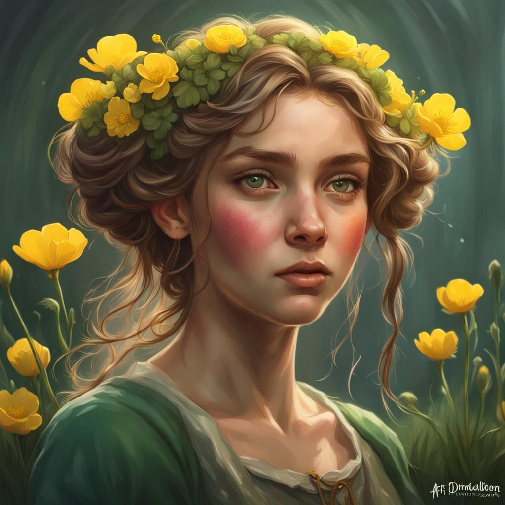 Irish Girl Portrait with Buttercups, Hyperdetailed Art