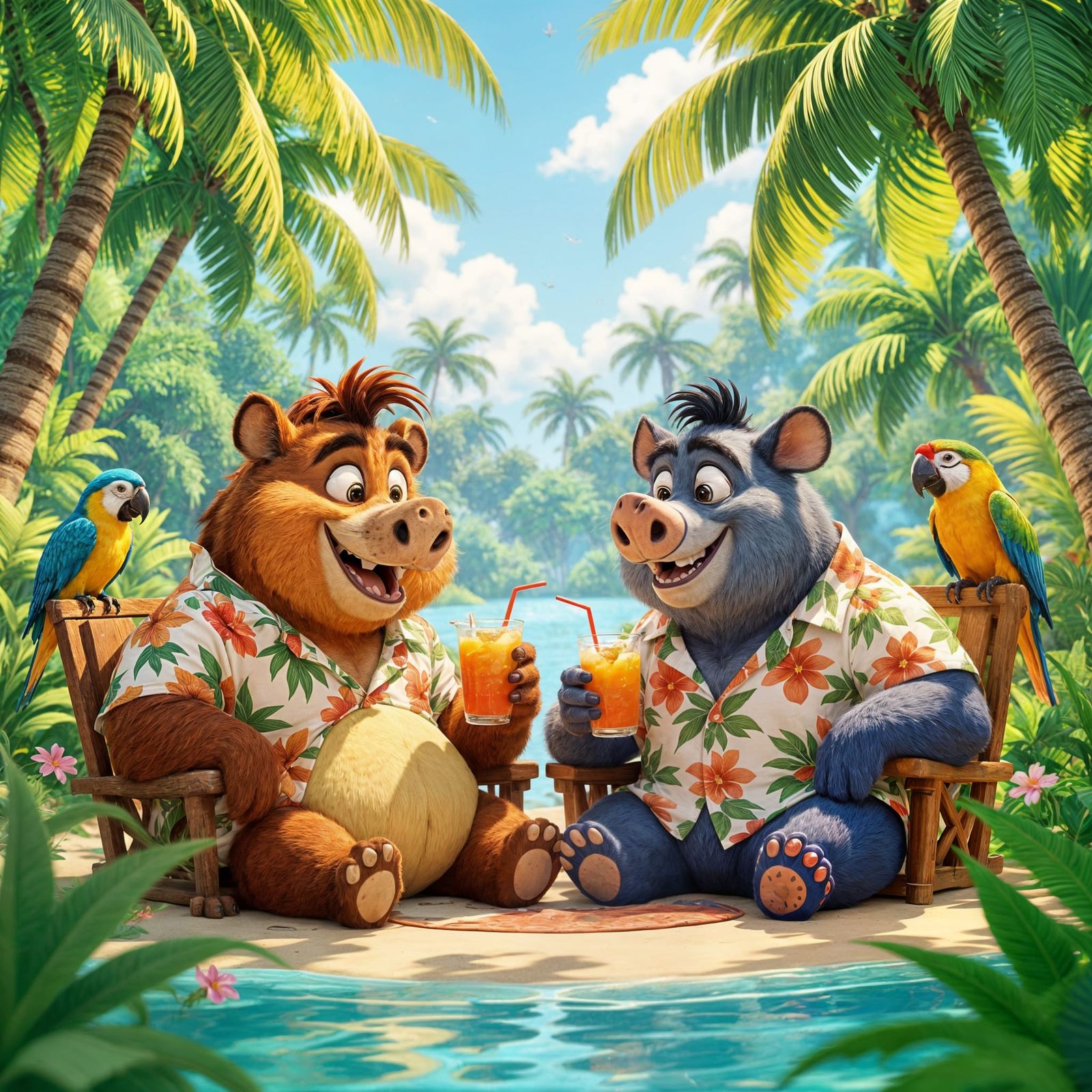 Timon and Pumbaa in Tropical 3D Anime Style