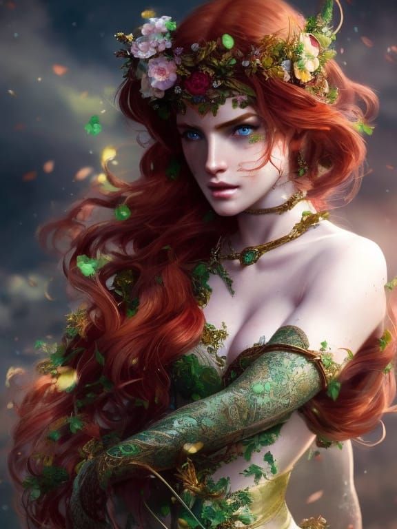 Freckled Irish Goddess in Hyperdetailed Art Nouveau Style