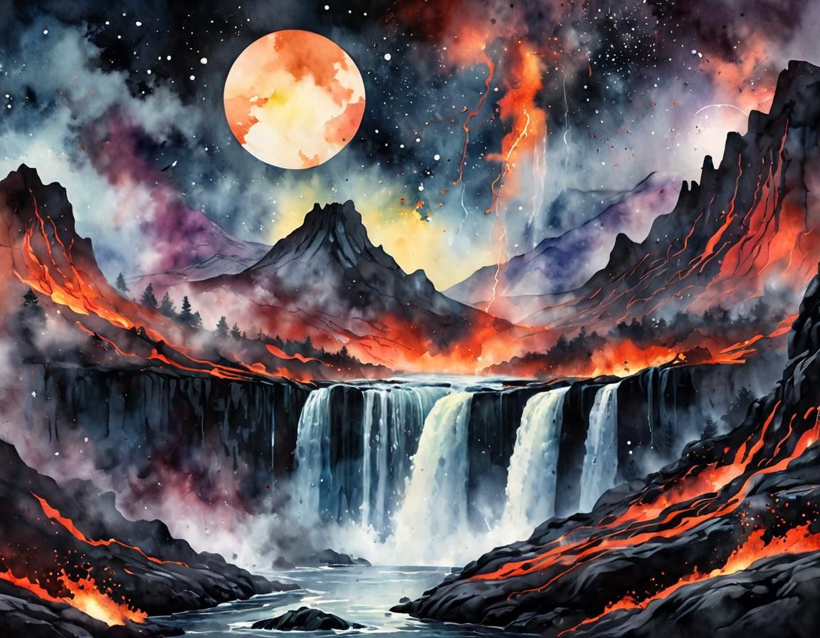 Watercolor Waterfall with Lava and Nebula Sky
